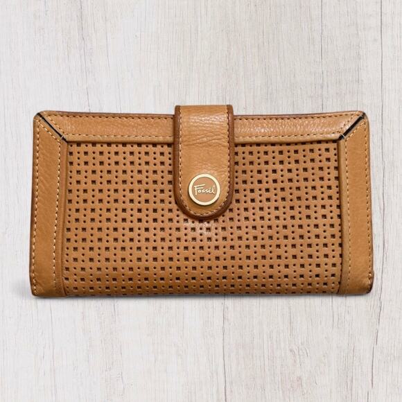 Fossil Tan Genuine Leather Perforated Clutch Wallet Snap-Tab - Picture 2 of 10